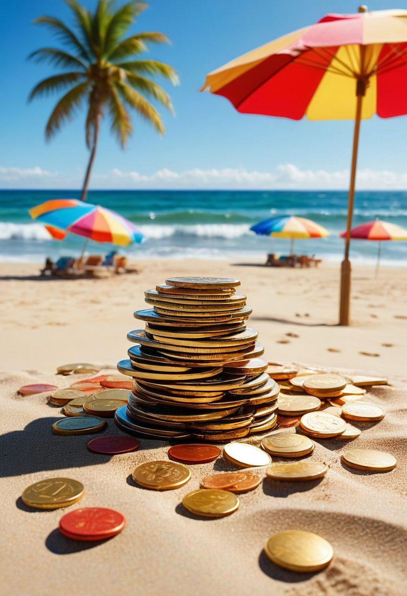 An inviting beach scene with sun loungers, a vibrant beach umbrella, and a piggy bank nestled in the sand, symbolizing summer savings for investments. In the background, people enjoy summer activities while stacks of coins emerge from the waves. Bright, sunny colors and a clear blue sky enhance the joyful atmosphere, representing lasting wealth. super-realistic. vibrant colors. cheerful ambiance.