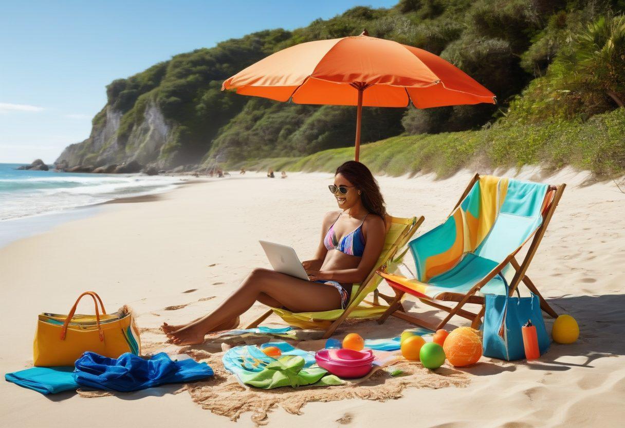 A stylish beach scene featuring a diverse group of people wearing trendy swimsuits that seamlessly combine fashion and practicality. Include elements like beach accessories made from eco-friendly materials, a stylish beach umbrella, and a chic tote bag with financial fitness tips. The atmosphere should feel vibrant and energetic, embodying the spirit of summer fun while showcasing smart spending choices. Bright colors and a sunny beach background. super-realistic. vibrant colors. 3D.