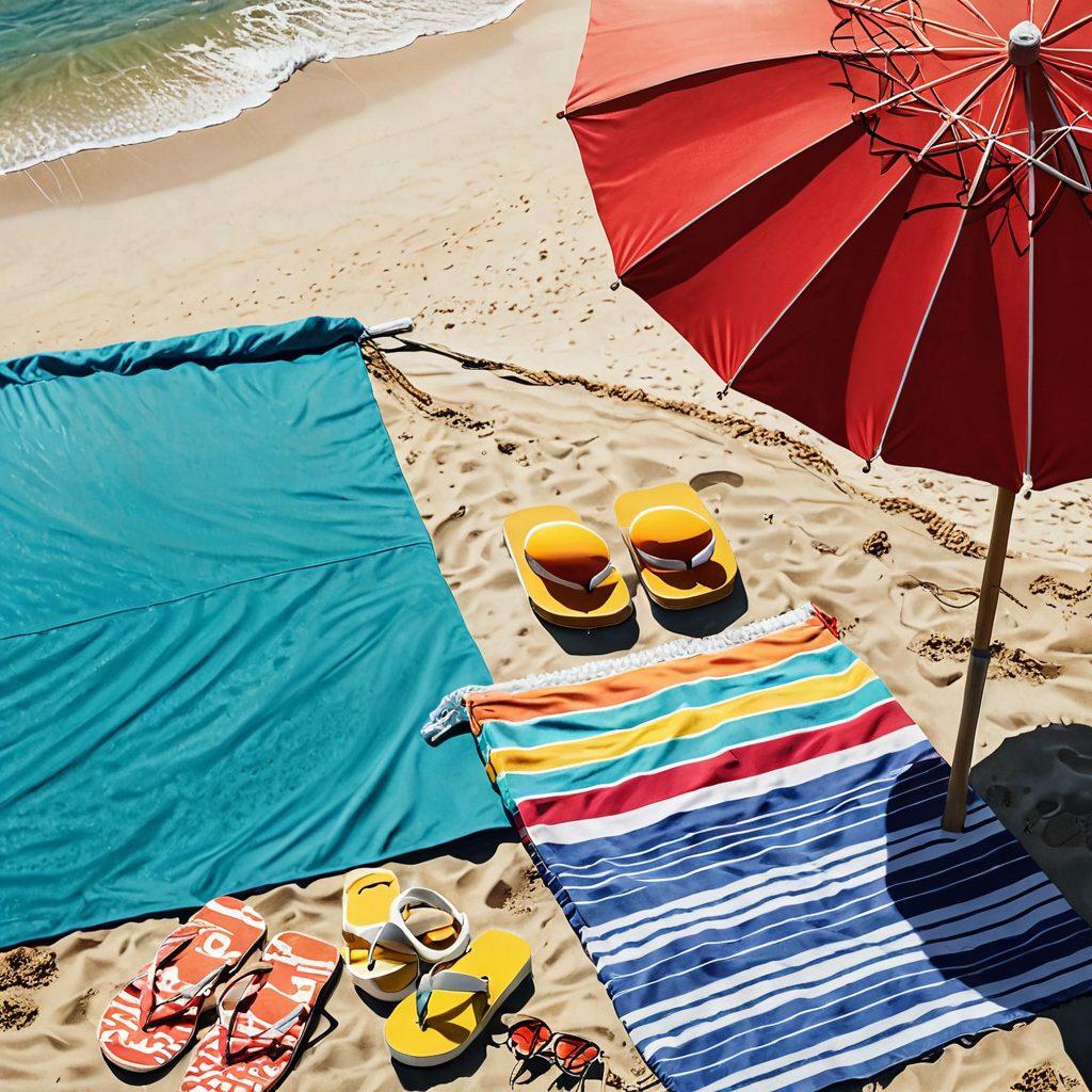 A sunny beach scene featuring fashionable swimwear on display, with vibrant swimsuits hanging on a clothesline. In the foreground, a stylish beach umbrella casts a colorful shadow over a relaxed person reading a magazine labeled 'Financial Tips'. The ocean waves gently lap at the shore, and beachgoers enjoy the sun in the background. The atmosphere reflects a lively summer vibe. vibrant colors. super-realistic. beach setting.